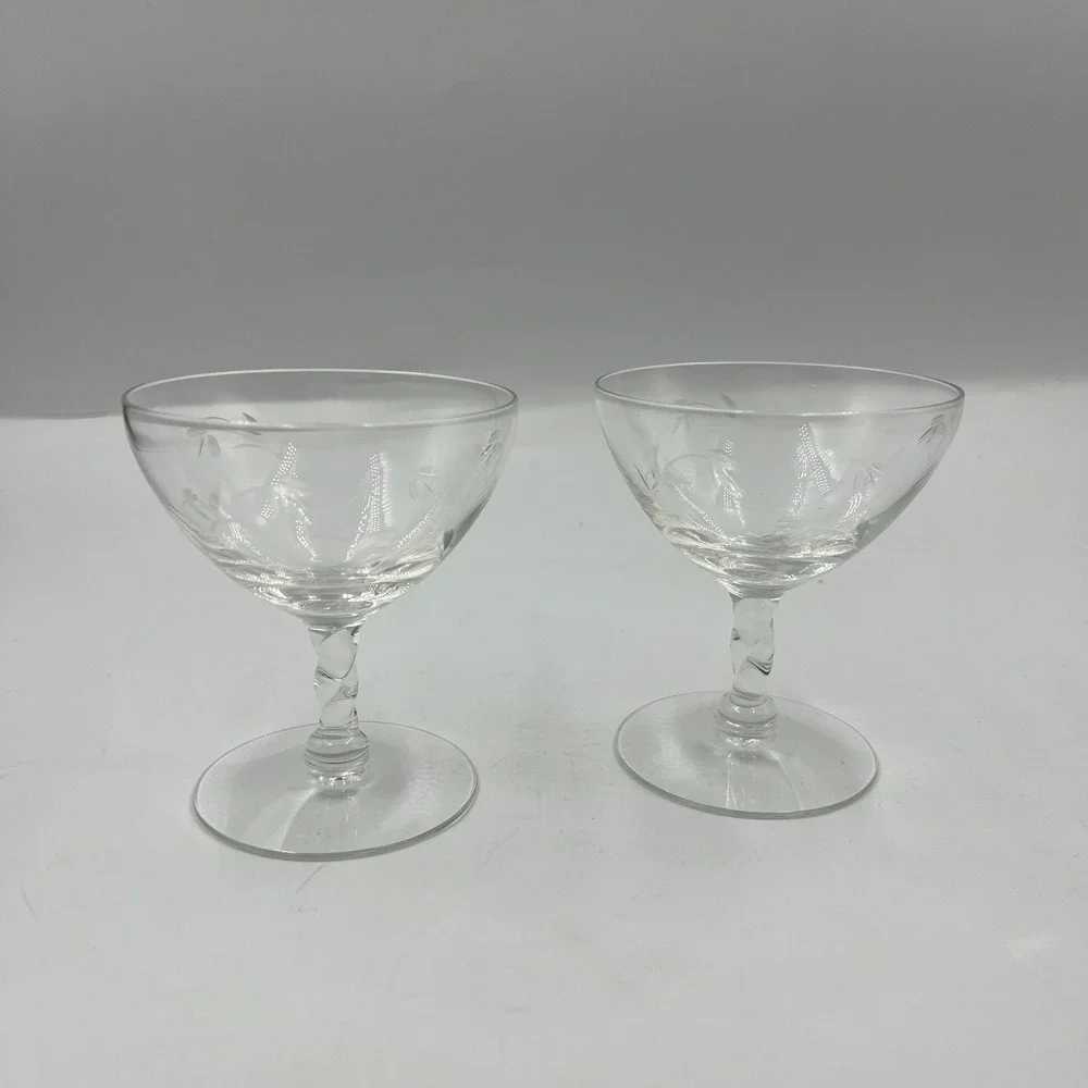 Vintage Etched Champagne Coupe Glasses Pair Twisted Stem Floral Leaf Clear Glass